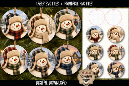 Trapper Hat Snowman Ornament Bundle | Laser Cut SVG File + Printable PNG Files with Bonus Sticker File
