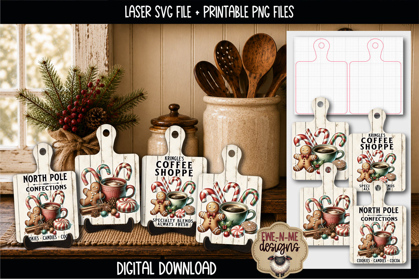 Gingerbread Christmas Cutting Board Bundle | Laser Cut SVG File + Printable PNG Files