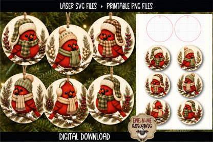 Cute Winter Cardinals Ornament Bundle | Laser Cut SVG File + Printable PNG Files with Bonus Sticker File