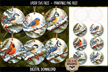 Winter Bird Ornament Bundle | Laser Cut SVG File + Printable PNG Files with Bonus Sticker File