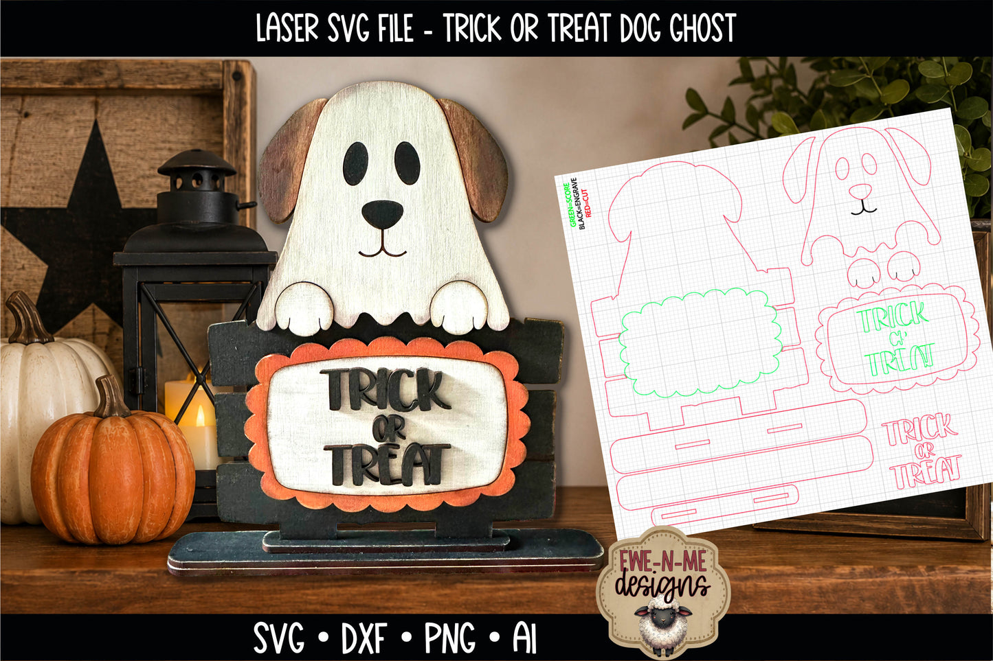 Ghost Dog Halloween Trick or Treat  Shelf Sitter | Laser Cut SVG File