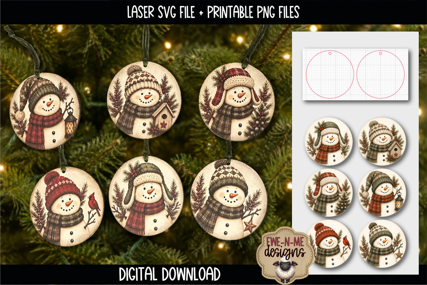 Snowman Ornament Bundle | Laser Cut SVG File + Printable PNG Files with Bonus Sticker Files