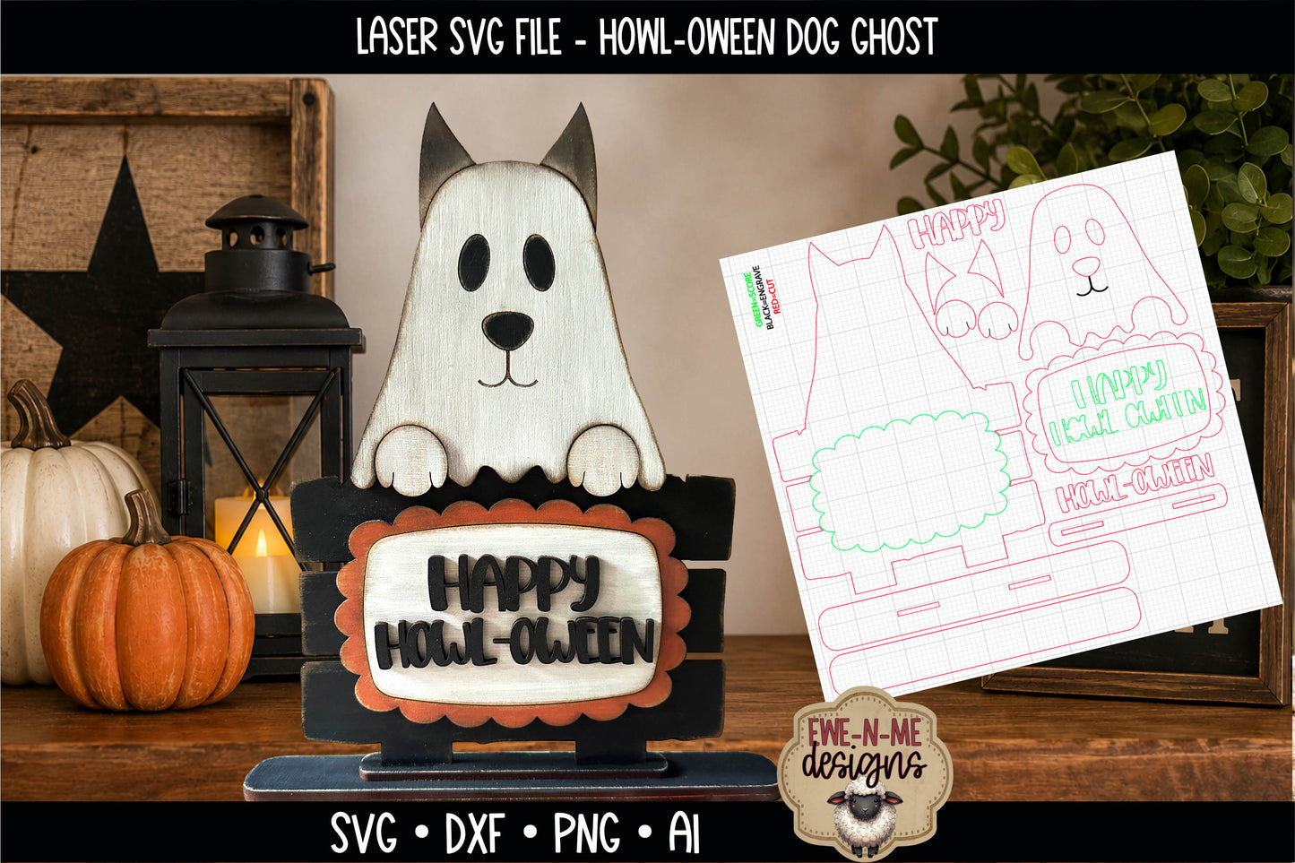 Ghost Dog Happy Howl-oween  Shelf Sitter | Laser Cut SVG File