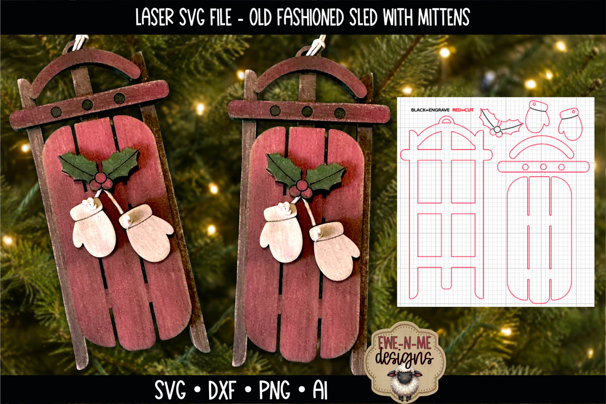 Old Fashioned Sled With Mittens Ornament | Laser Cut SVG Files