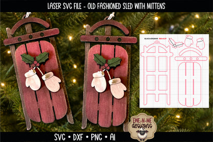 Old Fashioned Sled With Mittens Ornament | Laser Cut SVG Files
