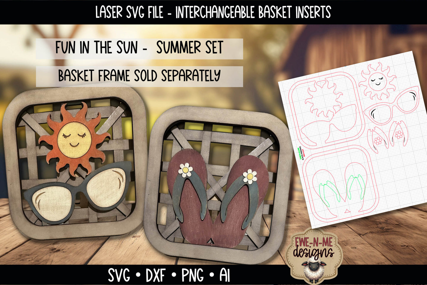 Interchangeable Tobacco Basket Inserts - Summer FlipFlops, Sunglasses | Laser Cut SVG File (Copy)