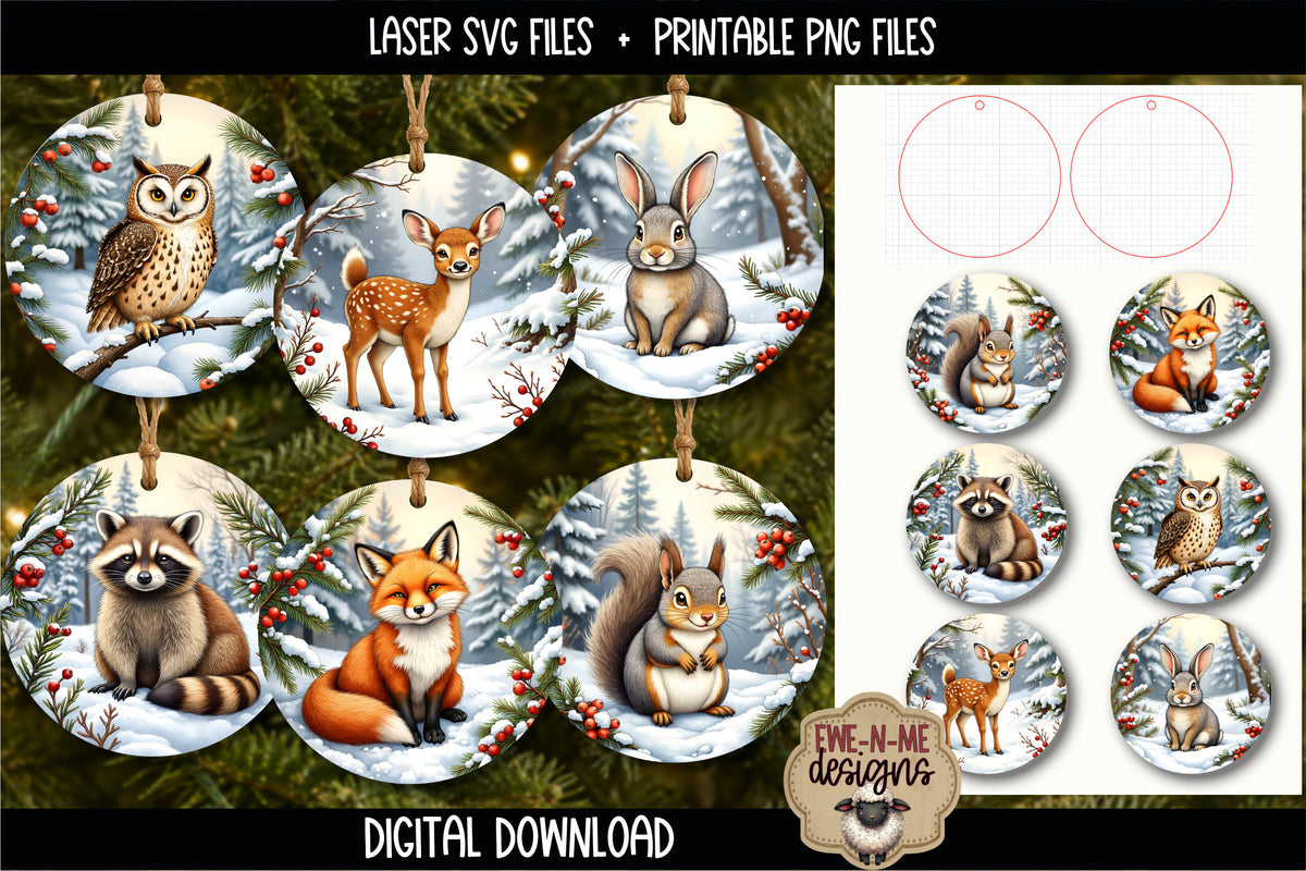 Woodland Animal Ornament Bundle | Laser Cut SVG File + Printable PNG Files with Bonus Sticker File