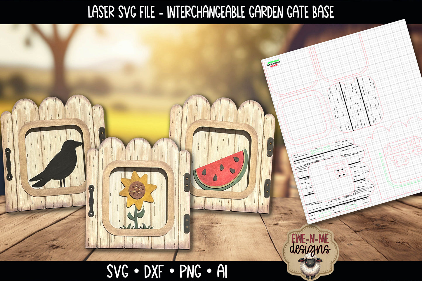 Interchangeable Garden Gate Frame with 3 Slide-In Designs | Laser Cut SVG File