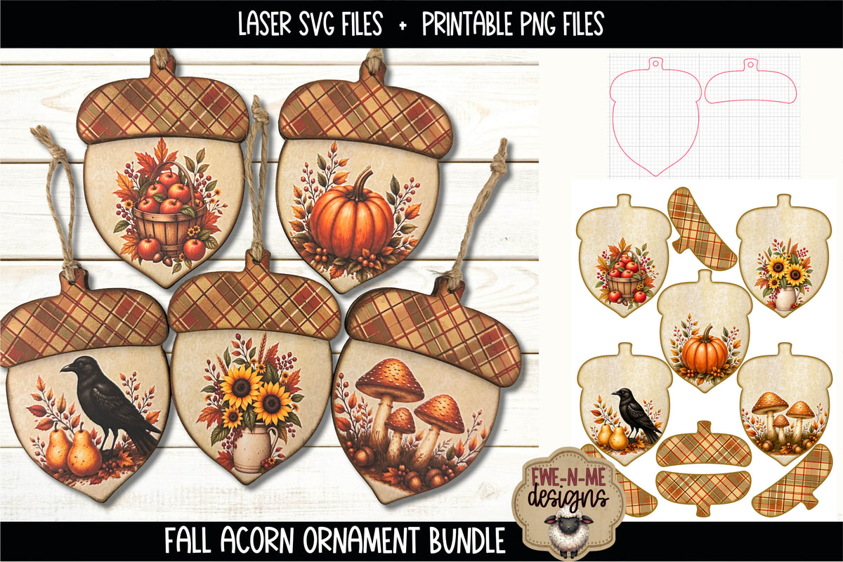 Fall Autumn Acorn Ornament Bundle | Laser Cut SVG File + Printable PNG Files