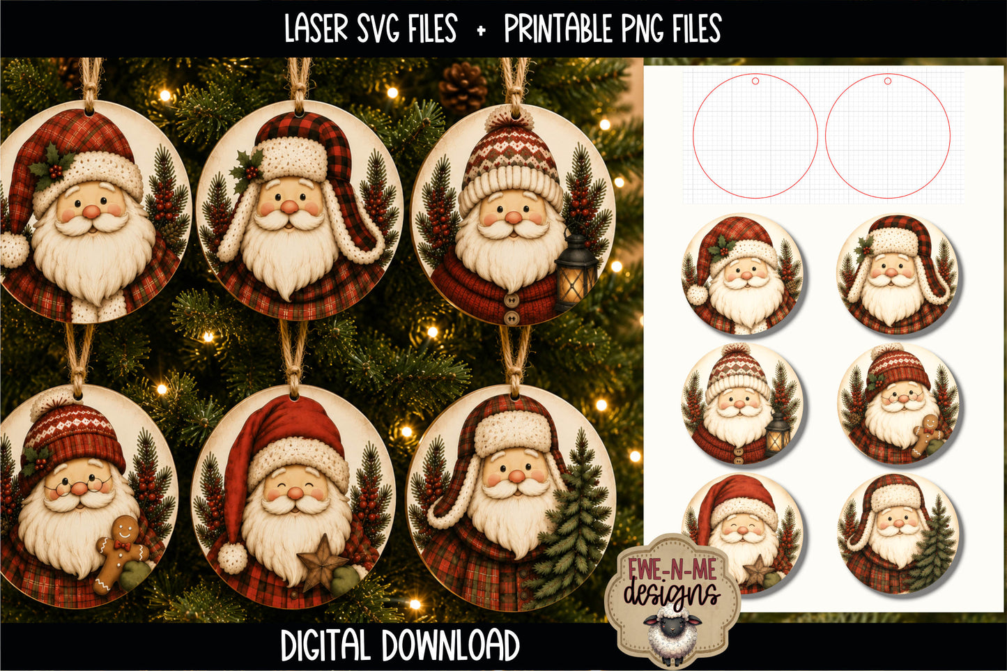 Santa Ornament Bundle | Laser Cut SVG File + Printable PNG Files with Bonus Sticker File