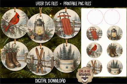 Rustic Winter Ornament Bundle | Laser Cut SVG File + Printable PNG Files with Bonus Sticker File
