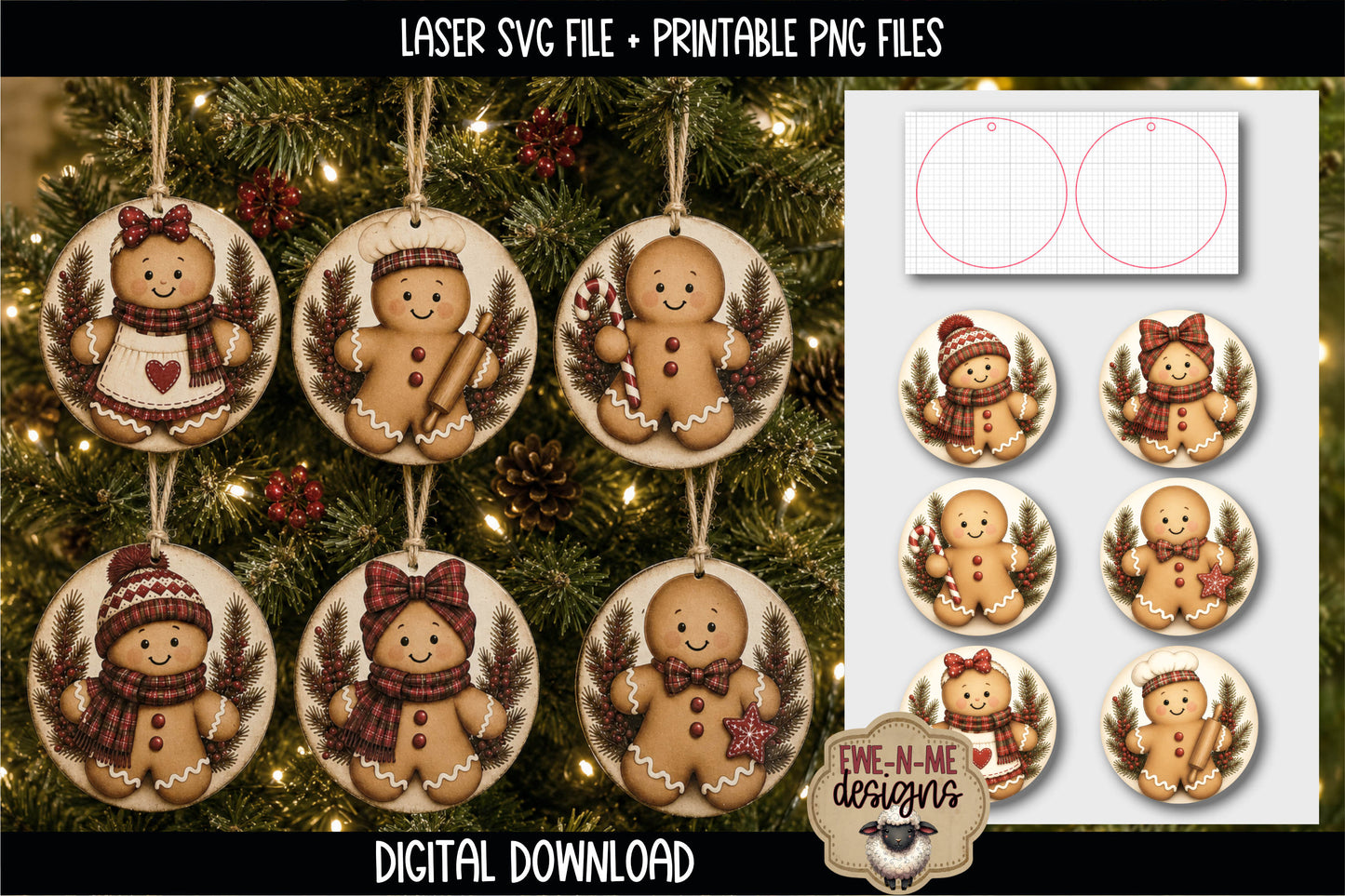 Gingerbread Ornament Bundle | Laser Cut SVG File + Printable PNG Files with Bonus Sticker Files (Copy)