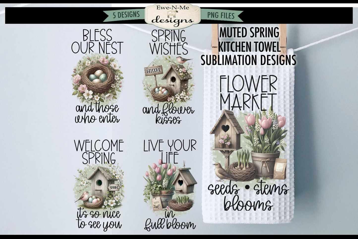 Spring Flowers and Bird Houses - Bundle of 5 - Kitchen Towel Sublimation Designs