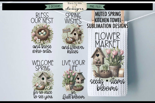 Spring Flowers and Bird Houses - Bundle of 5 - Kitchen Towel Sublimation Designs