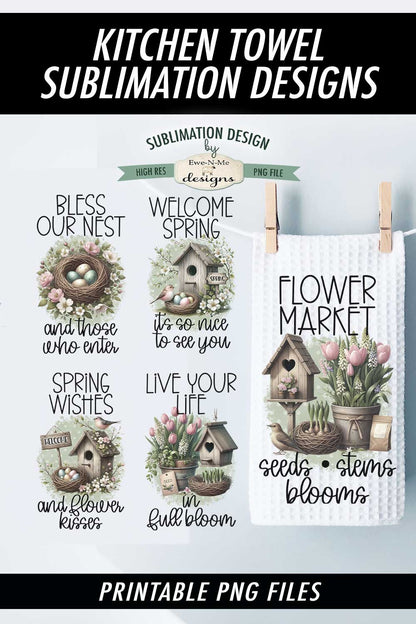 Spring Flowers and Bird Houses - Bundle of 5 - Kitchen Towel Sublimation Designs