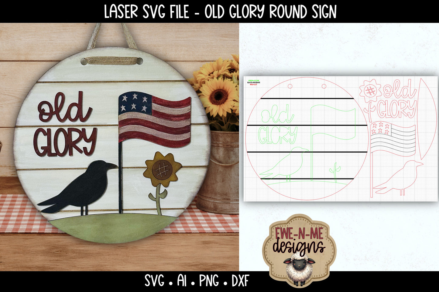 Old Glory Patriotic Crow Round Sign | Laser Cut SVG File