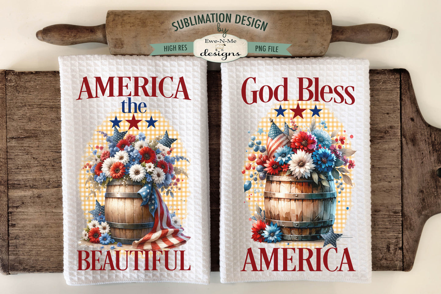 Patriotic Flowers in Wood Barrels - Kitchen Towel Sublimation Designs