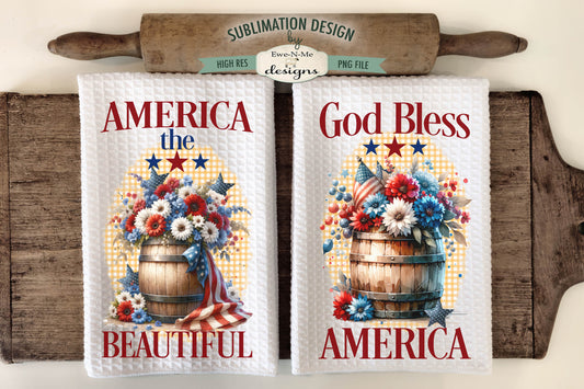 Patriotic Flowers in Wood Barrels - Kitchen Towel Sublimation Designs