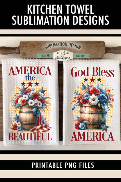 Patriotic Flowers in Wood Barrels - Kitchen Towel Sublimation Designs