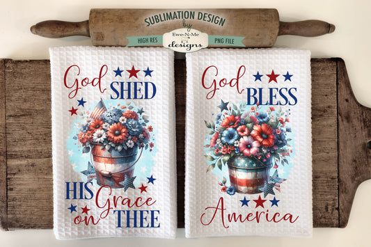 Patriotic Bucket with Flowers - Kitchen Towel Sublimation Designs