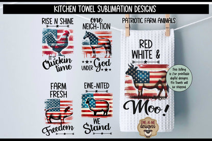 Patriotic Farm Animals - Bundle of 5 - Kitchen Towel Sublimation Designs