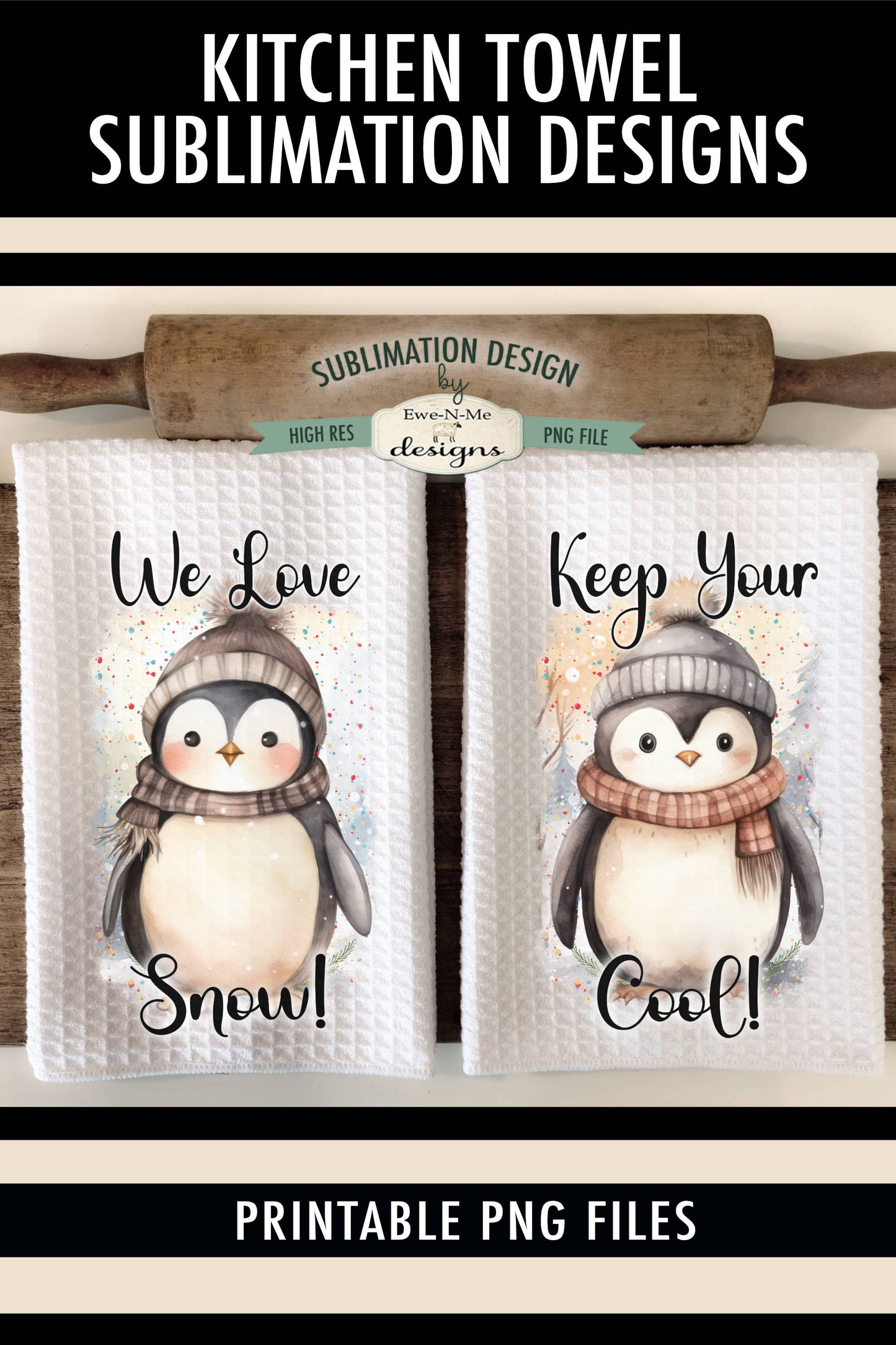 Winter Penguins in Knit Hats - Kitchen Towel Sublimation Designs