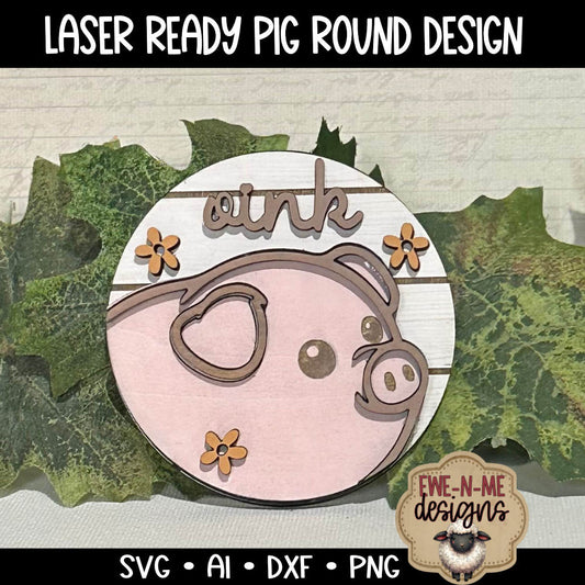 Cute Pig Round with Flowers - Laser Cut SVG