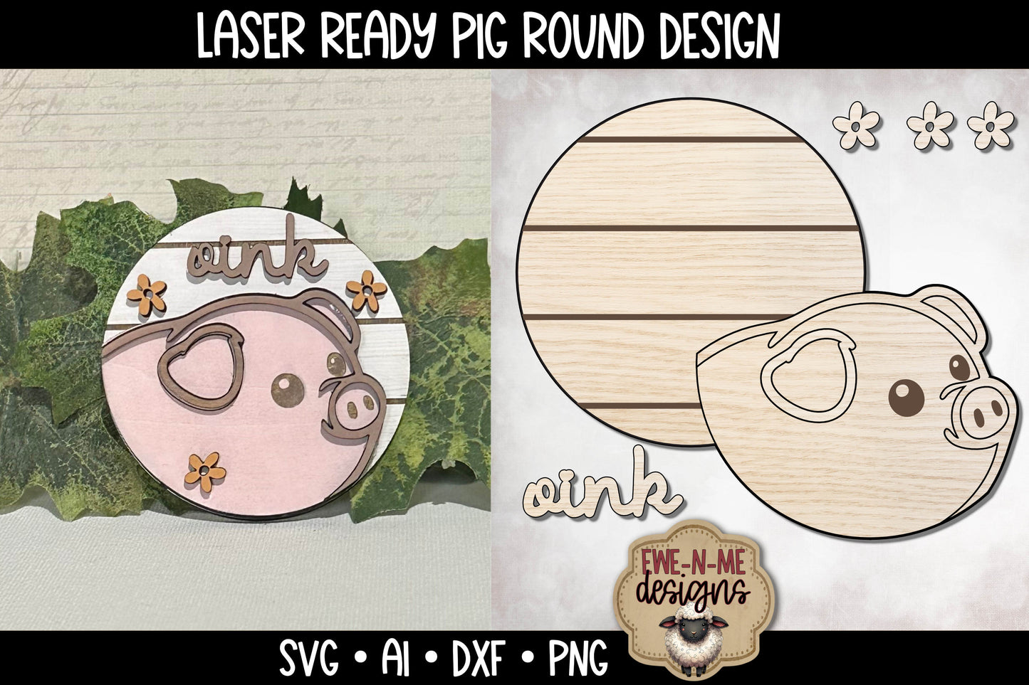 Cute Pig Round with Flowers - Laser Cut SVG