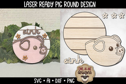 Cute Pig Round with Flowers - Laser Cut SVG