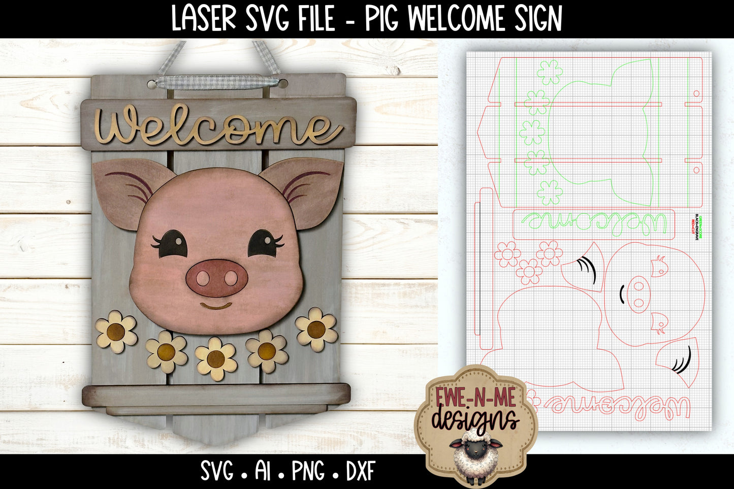 Pig Welcome Door Hanger Sign | Laser Cut SVG File