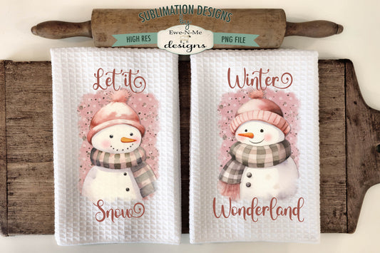 Pink Snowman with Knit Hats - Kitchen Towel Sublimation Designs