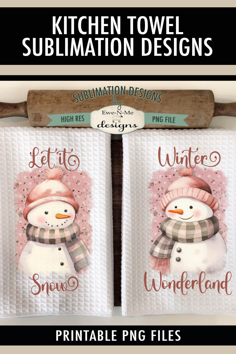 Pink Snowman with Knit Hats - Kitchen Towel Sublimation Designs