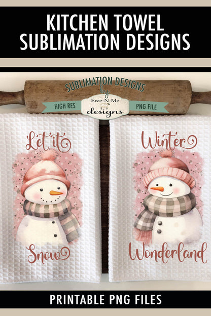 Pink Snowman with Knit Hats - Kitchen Towel Sublimation Designs