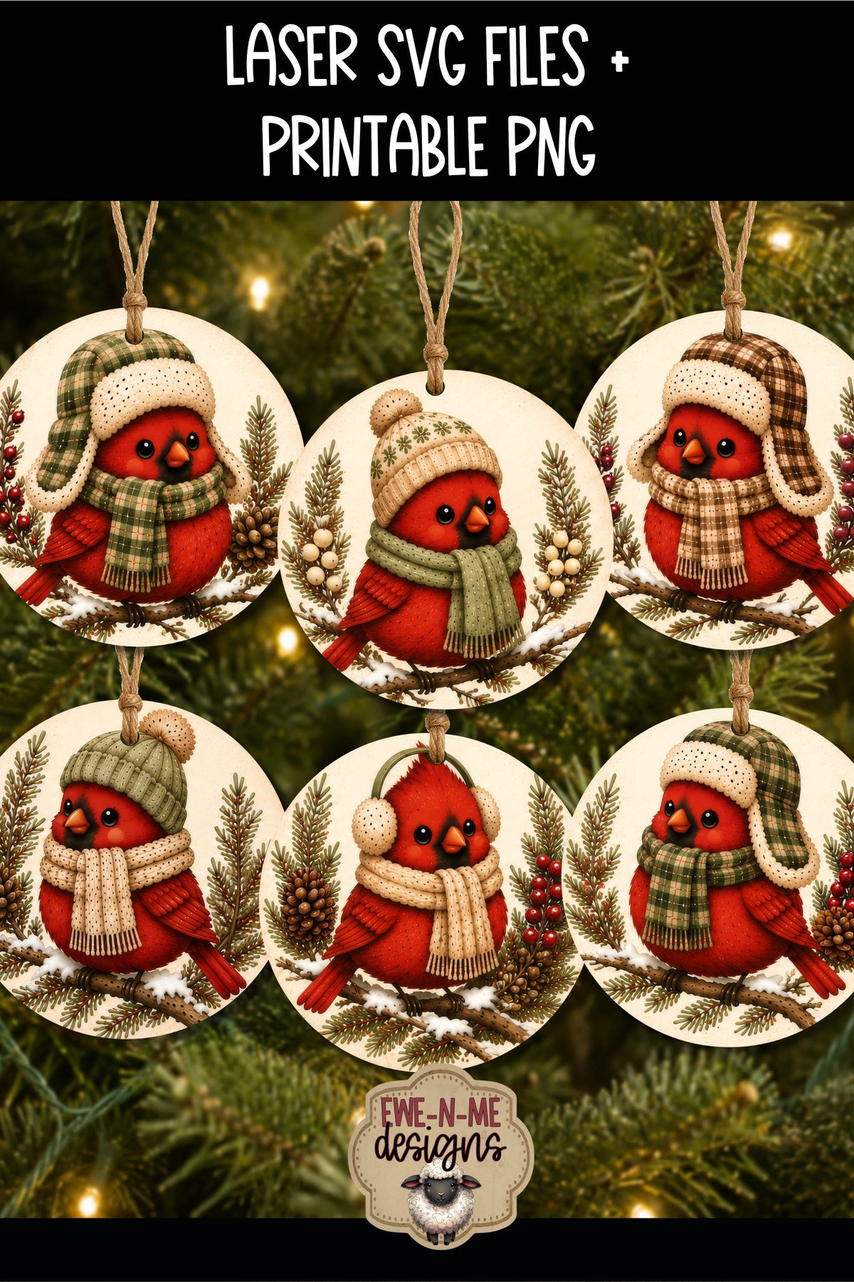 Cute Winter Cardinals Ornament Bundle | Laser Cut SVG File + Printable PNG Files with Bonus Sticker File