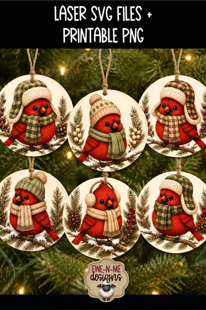 Cute Winter Cardinals Ornament Bundle | Laser Cut SVG File + Printable PNG Files with Bonus Sticker File