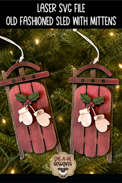 Old Fashioned Sled With Mittens Ornament | Laser Cut SVG Files