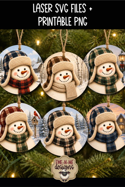 Trapper Hat Snowman Ornament Bundle | Laser Cut SVG File + Printable PNG Files with Bonus Sticker File
