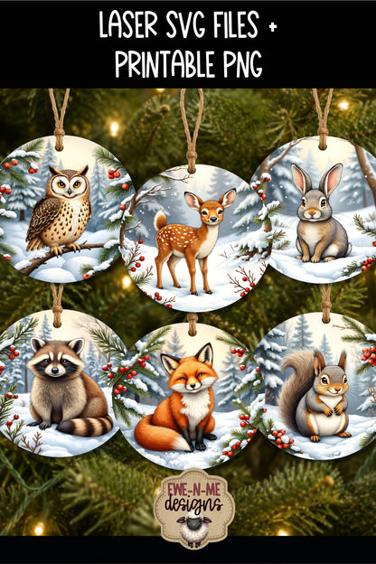 Woodland Animal Ornament Bundle | Laser Cut SVG File + Printable PNG Files with Bonus Sticker File