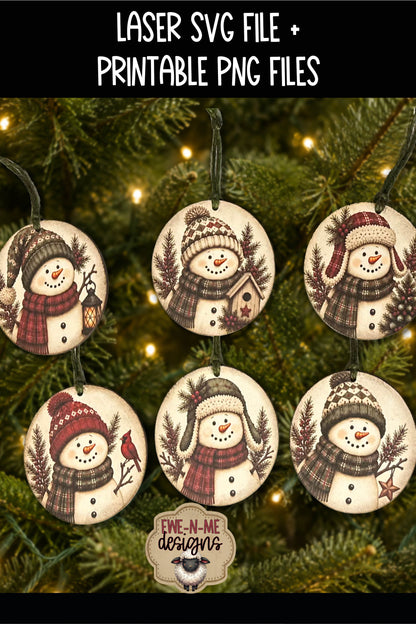 Snowman Ornament Bundle | Laser Cut SVG File + Printable PNG Files with Bonus Sticker Files