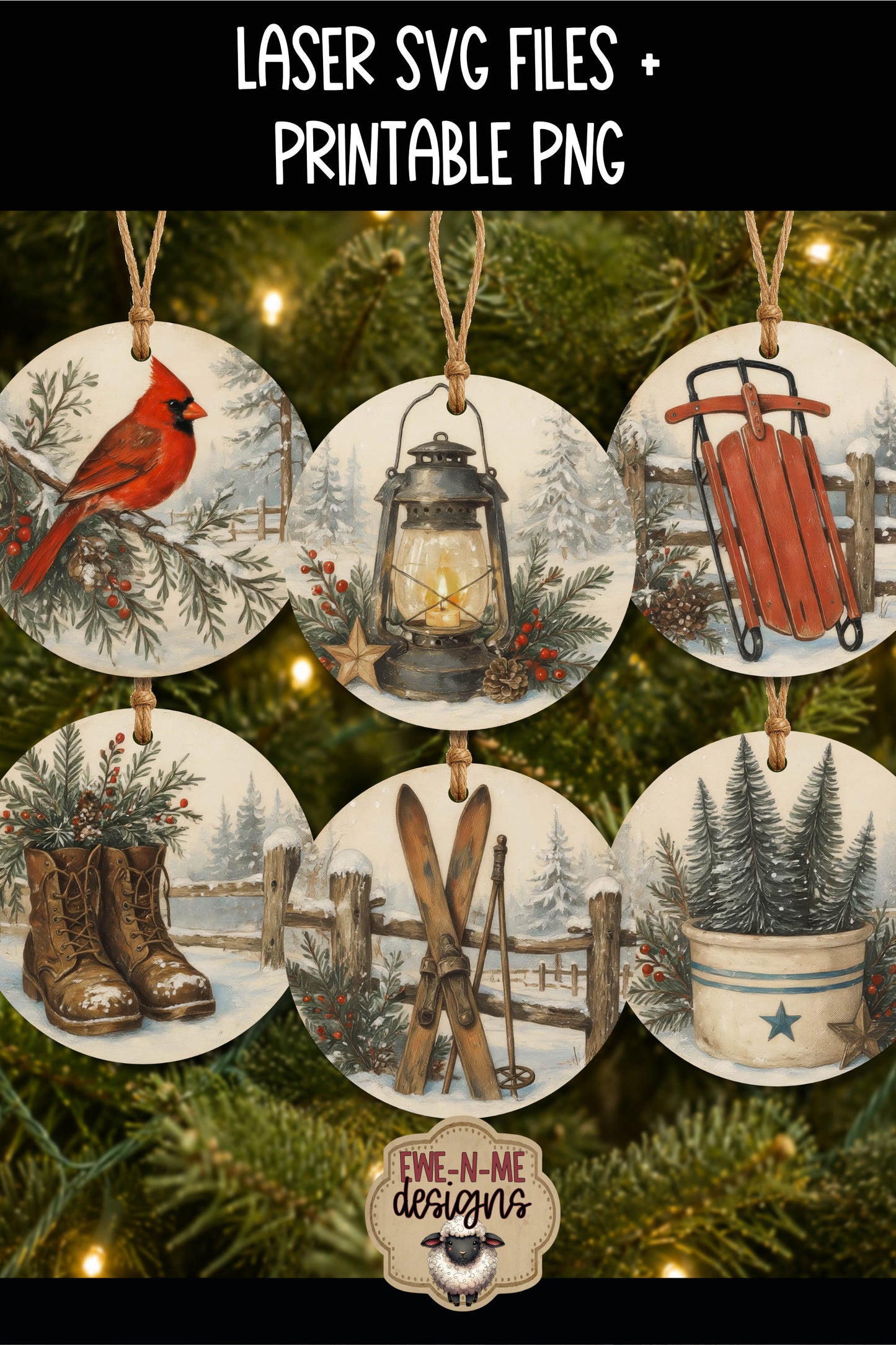 Rustic Winter Ornament Bundle | Laser Cut SVG File + Printable PNG Files with Bonus Sticker File
