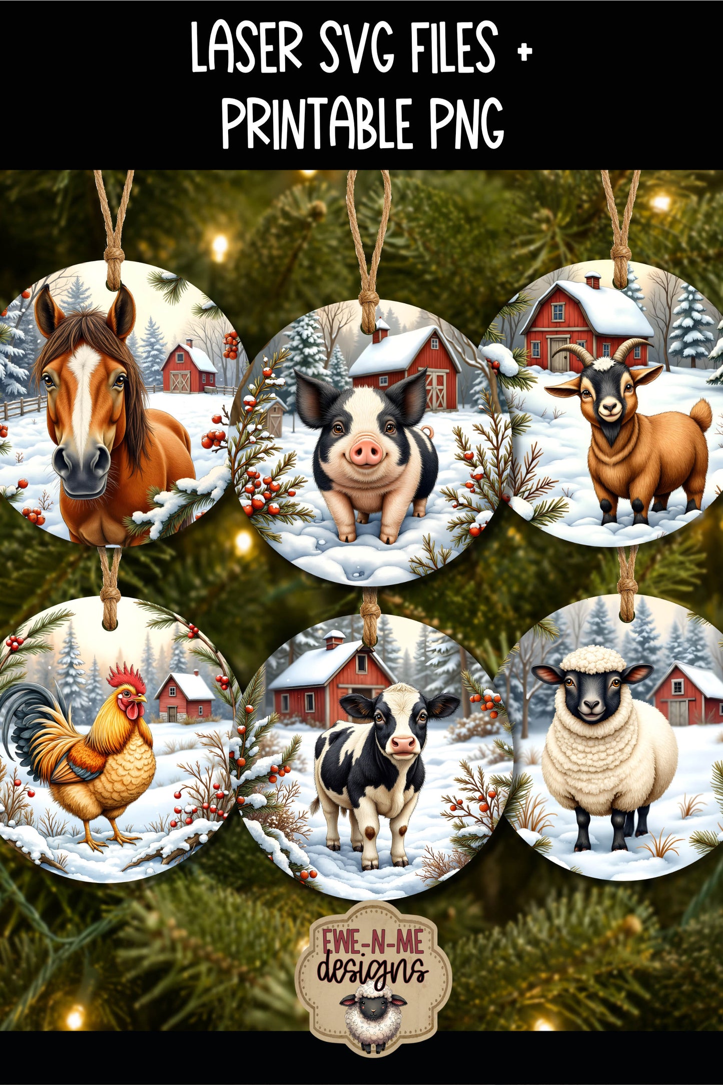 Farm Animal Ornament Bundle | Laser Cut SVG File + Printable PNG Files with Bonus Sticker File
