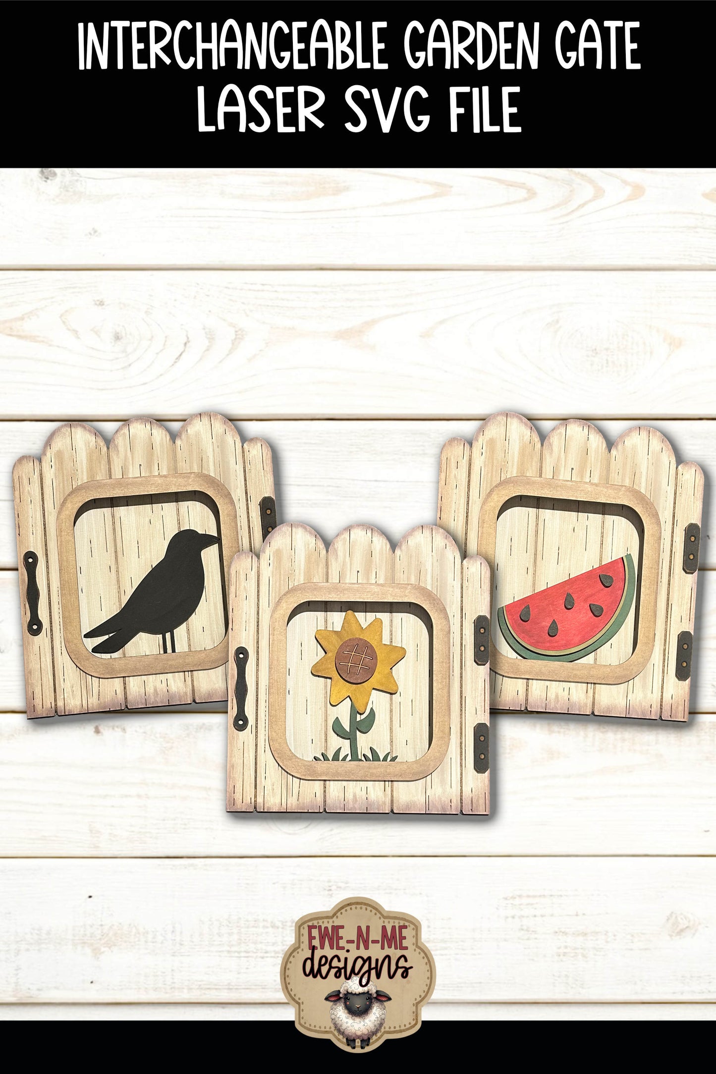 Interchangeable Garden Gate Frame with 3 Slide-In Designs | Laser Cut SVG File