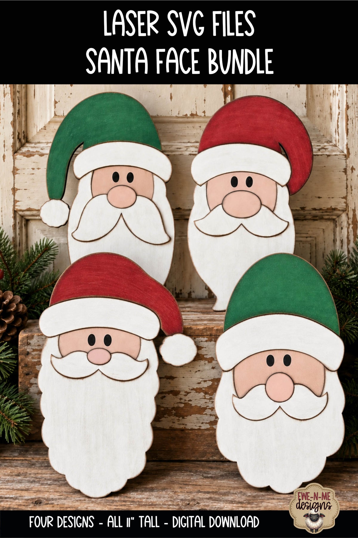 Primitive Santa Face Bundle | 4 Laser Cut SVG Files