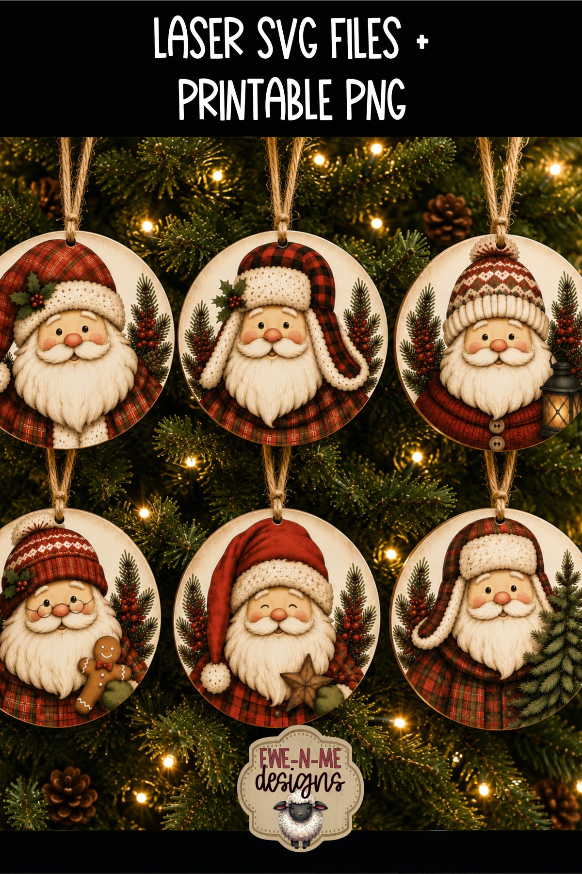 Santa Ornament Bundle | Laser Cut SVG File + Printable PNG Files with Bonus Sticker File