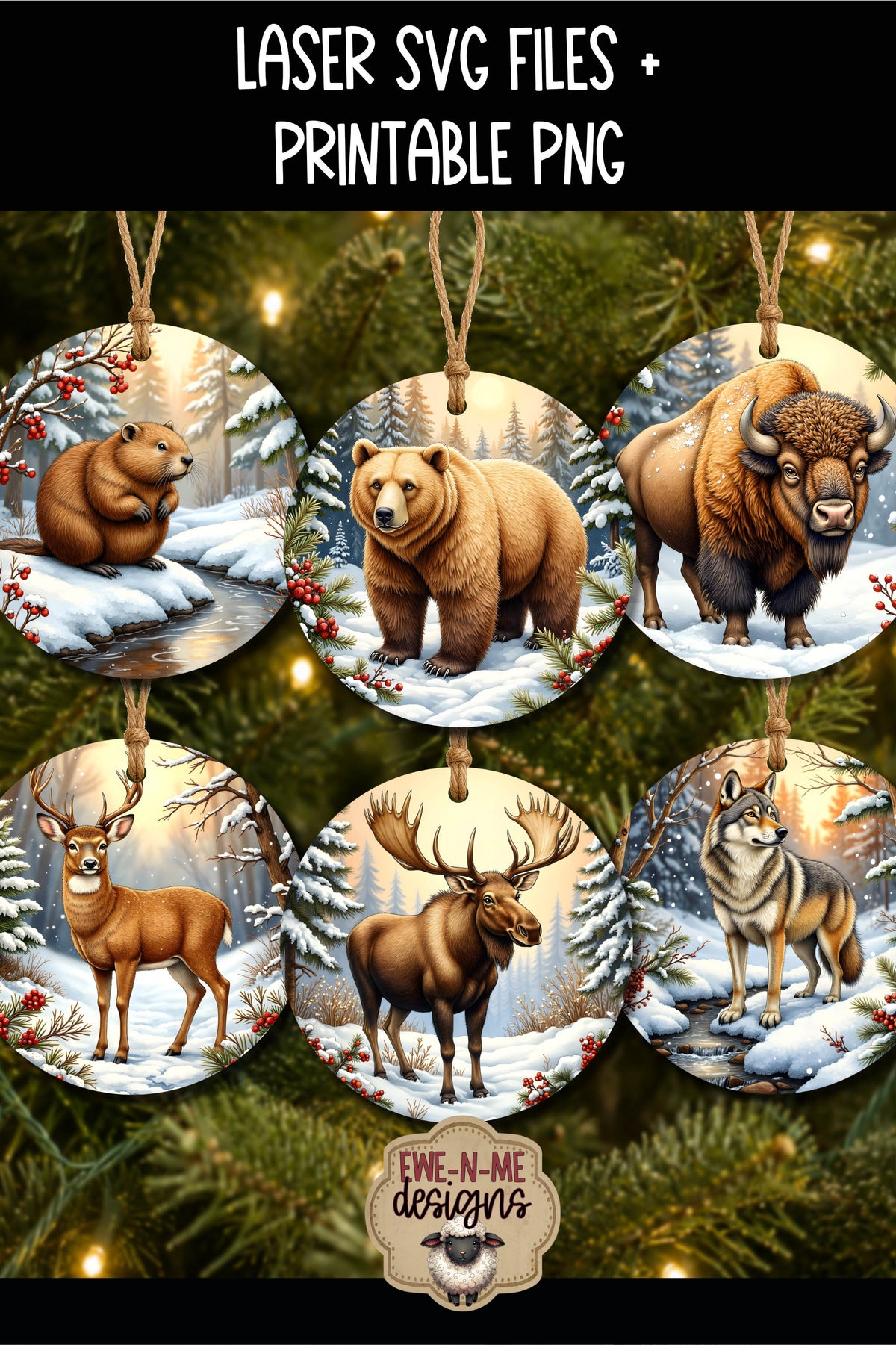 Northwoods Animal Ornament Bundle | Laser Cut SVG File + Printable PNG Files with Bonus Sticker File