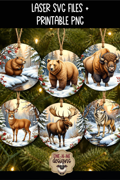 Northwoods Animal Ornament Bundle | Laser Cut SVG File + Printable PNG Files with Bonus Sticker File