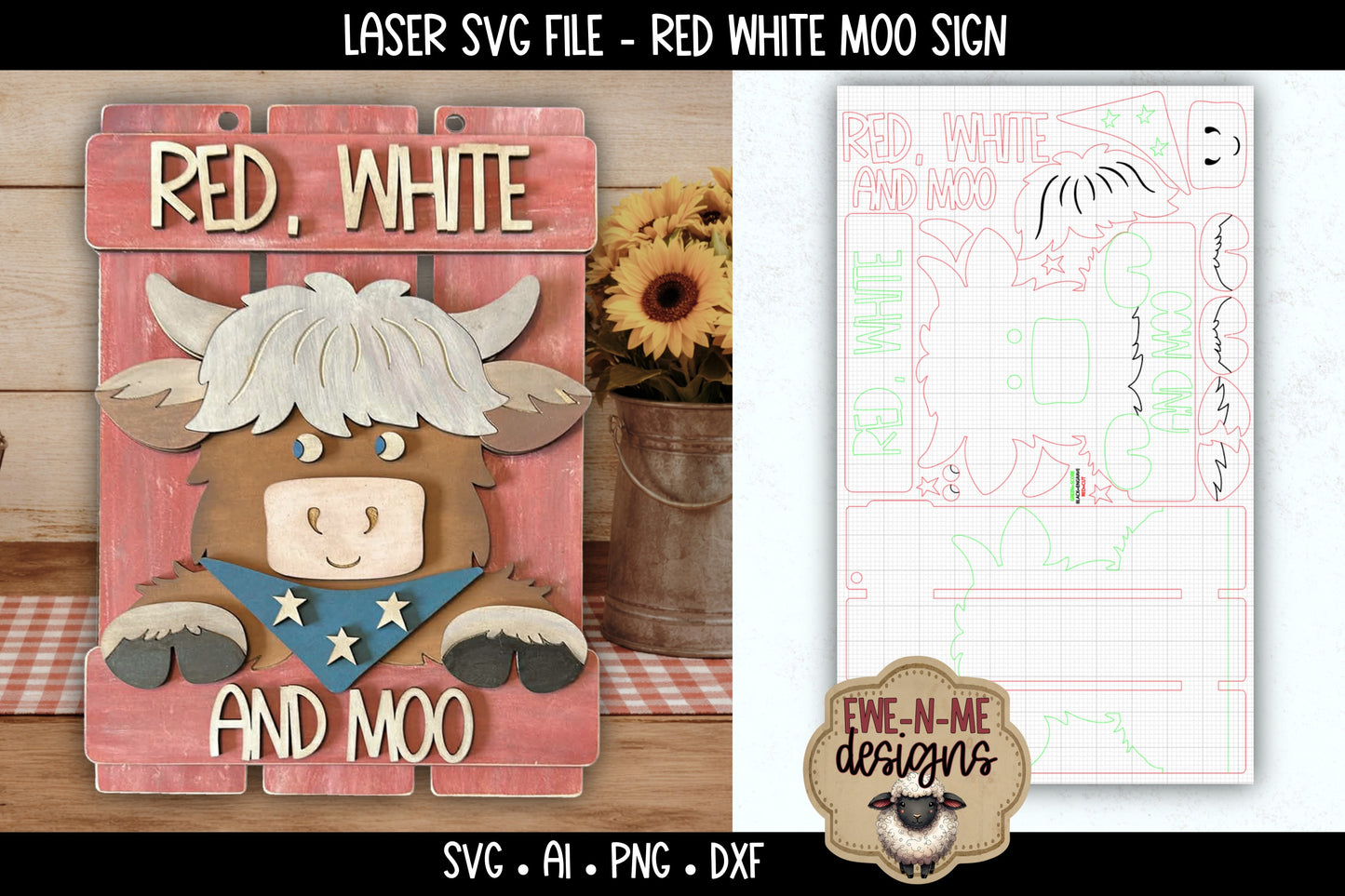 Red White Moo Highland Cow Sign | Laser Cut SVG File