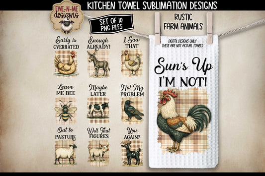 Rustic Farm Animals - Bundle of 10 - Kitchen Towel Sublimation Designs