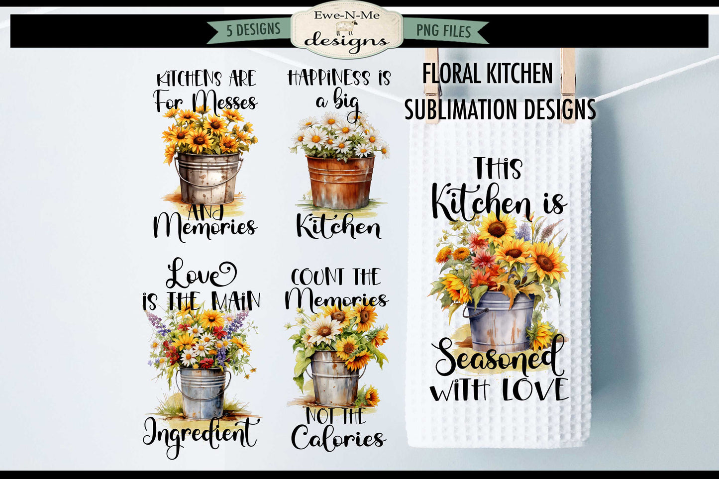 Rustic Flowers In Buckets - Bundle of 5 - Kitchen Towel Sublimation Designs
