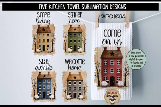 Primitive Saltbox Houses - Bundle of 5 - Kitchen Towel Sublimation Designs